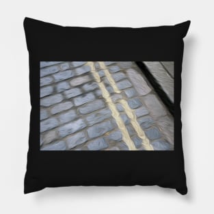 Double yellow lines on cobbled street oil paint effect. Pillow