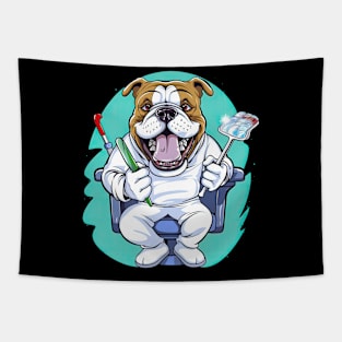 a Dentist English Bulldog wearing a white coat, holding a toothbrush in one paw and a dental mirror Tapestry