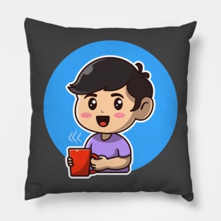 Cute Boy Holding Hot Coffee Cartoon Pillow