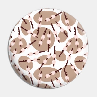 Marshmallows on sticks on a white background with brown circles. Summer camp. Camping print. Pin