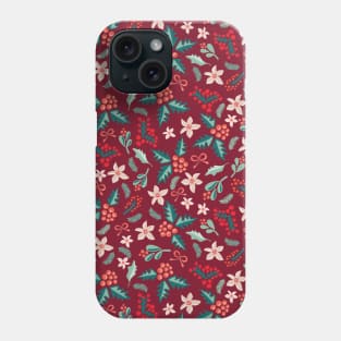 Merry and Bright Mistletoes and Poinsettia flowers on red Phone Case