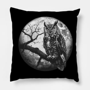 Horned Owl, Full Moon, Gothic, Witchy Bird of Prey Pillow