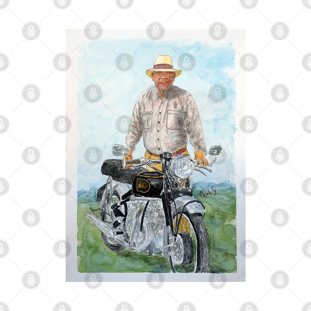 This is a watercolour painting from a photo of a good friend with his HRD Vincent by pops
