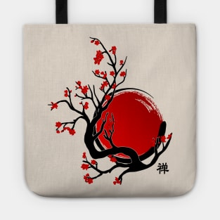 Zen Enso Circle, Sun and Red Sakura Blossom Tote