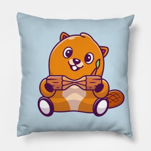 Cute Beaver Holding Wood Cartoon (2) Pillow