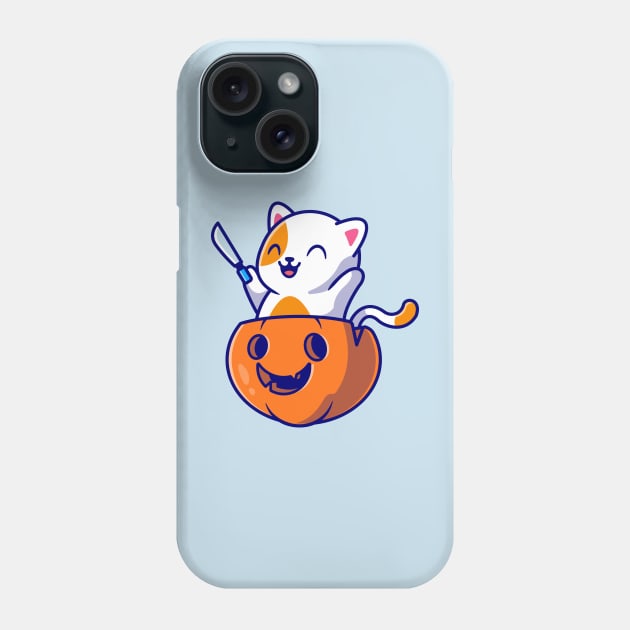 Cute Cat Holding Knife In Pumpkin Helloween Cartoon Phone Case by Catalyst Labs