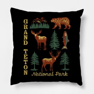 Grand Teton National Park Distressed Mountain Trees Moose Bear Fish DeerSouvenir Pillow