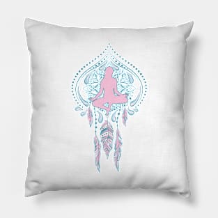yoga pose woman feminism pink rose feathers meditation Pillow