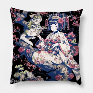 Japanese Girl With Dragon and Cats T-Shirt 10 Pillow