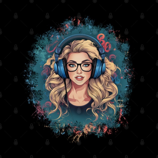 Illustration - Stylish Blonde Lady Immersed in Music, Enjoying the Beats with Headphones in a Chic Design Setting. by Art KateDav