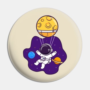 Cute Astronaut Flying In Space With Hot Air Balloon Moon Cartoon Pin