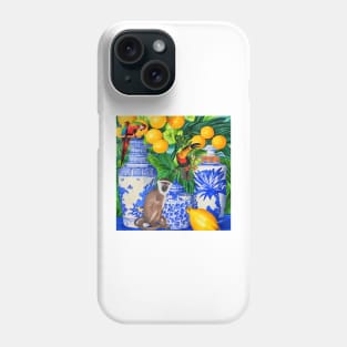 Monkey, toucan,  parrot and chinoiserie jars in tropical garden Phone Case