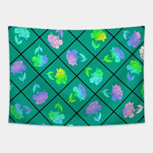 Window Pane Diagonal Floral Black Line on Teal Tapestry