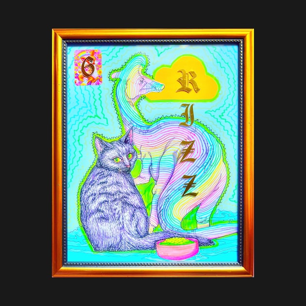 Rainbow Dinosaur Cat Coloring Book Collage Framed Art Rizz Y2K Design by TriangleWorship