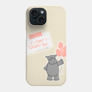 Cute hippo with balloons and Happy Valentines day text Phone Case
