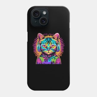 t-shirt design, colorful cat with headphones on, graffiti art psychedelic art, black background, synthwave, colorful Phone Case