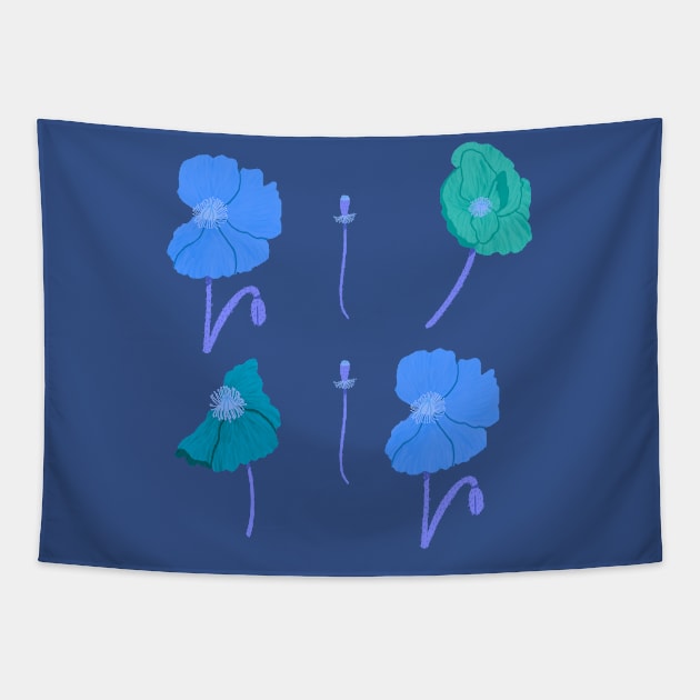 Poppy Flowers in Blue Tapestry by Maddyslittlesketchbook