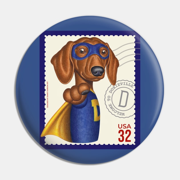 Superhero Dachshund Doxie Dog with mask and cape Pin by Danny Gordon Art