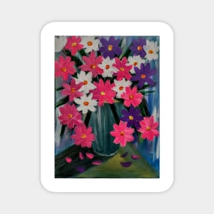 Some bright and colorful abstract flowers in a turquoise vase. Magnet