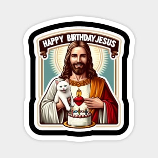Happy Birthday Jesus with a White Cat and Birthday Cake Magnet