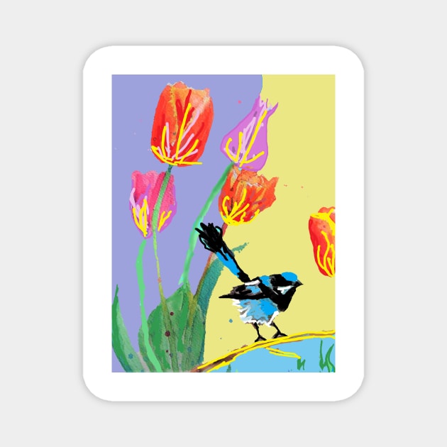 Abstract Blue Wren and Tulips Painting - on Harlequin Magnet by SarahRajkotwala