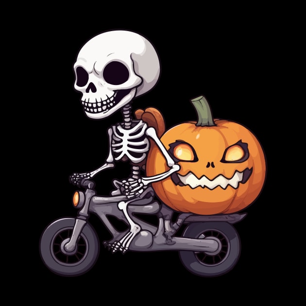 Skeleton Riding Vintage Bicycle Halloween Funny Pumpkin by Rishirt