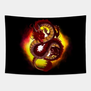 Zentangle Chinese Fire Dragon on Black Background: Intricate Mythical Creature Art Tapestry