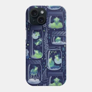 Glowing in the moss // pattern // blue background jars with lightning fireflies bugs quirky whimsical and bioluminescence lampyridae beetles Phone Case