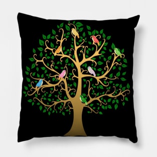 Golden Tree with Colourful Birds Pillow