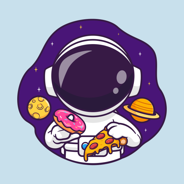 Cute Astronaut Eating Donut And Pizza In Space Cartoon by Catalyst Labs