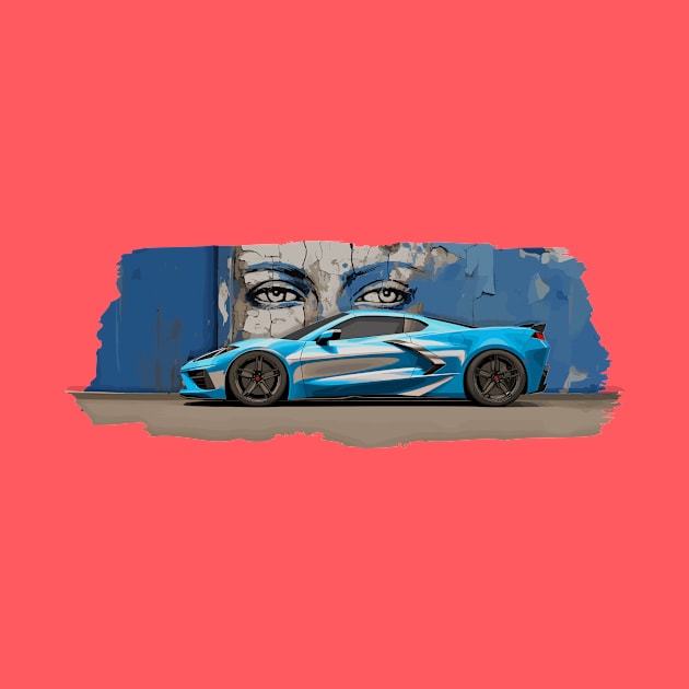 Rapid Blue C8 Corvette Stingray Supercar in front of a wall of graffiti with blue eyes looking back at you Sports car American Muscle car race car by Tees 4 Thee