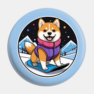 Shiba Inu Ready for Snowboarding Pin