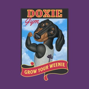 Fun dachshund in gym where you grow your weenie in red T-Shirt