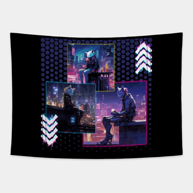 Cyberpunk 2077 Video Game Cat Printed T-shirt for Gamers Who Play Cyberpunk Shirt With Cats For Gamer Playing Video Games With Cats On Shirt Tapestry by New Otaku 64