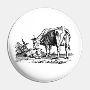 Cow with Calf Rustic Charm Scene Vintage Animal Illustration Pin