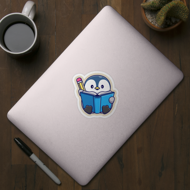 Cute Penguin Writing With Book And Pencil Cartoon - Penguin - Sticker