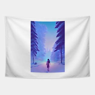 Anime Girl Snowy Forest Christmas Landscape Tapestry