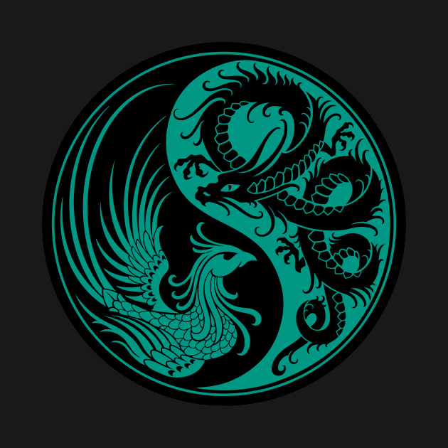 Teal Blue and Black Dragon Phoenix Yin Yang by jeffbartels