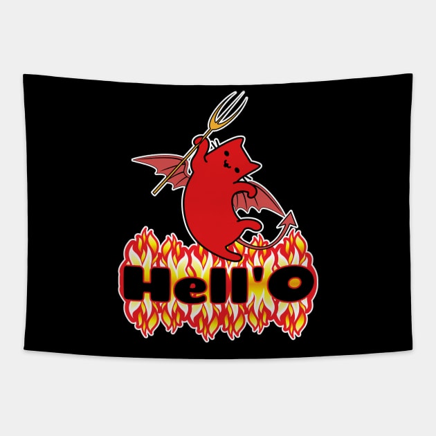 Red cat devil hello Tapestry by GlanceCat