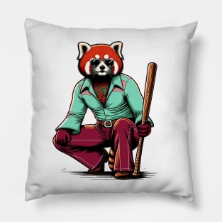 Retro Rebel: 70s Fashion Red panda with baseball batters Pillow