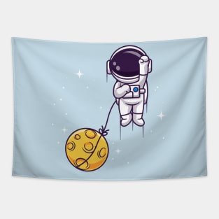 Cute Astronaut Flying With Moon In Space Cartoon Tapestry