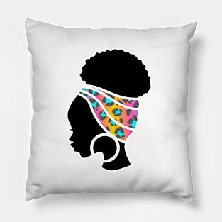 Afro Hair Woman with African Animal Pattern Headwrap Pillow