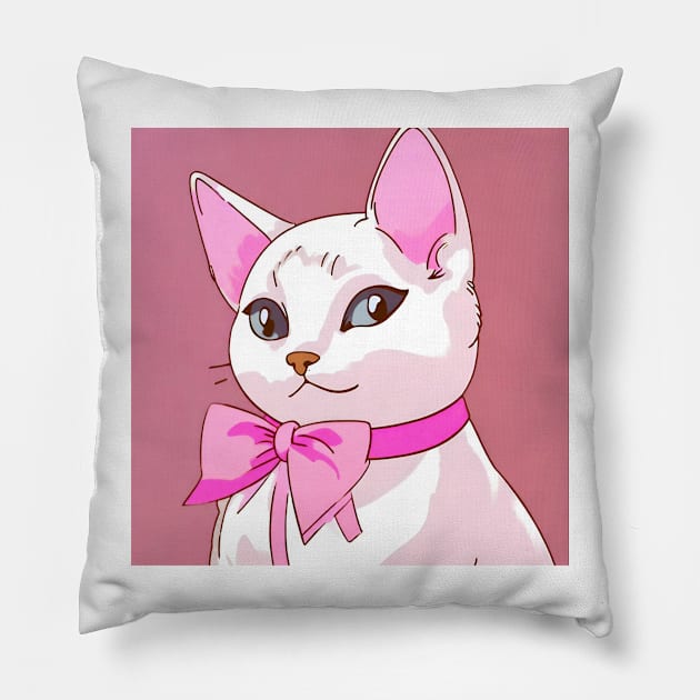 White cat with pink bow Pillow by Berenicelee23