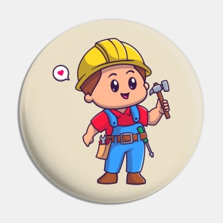 Cute Handyman Holding Hammer Cartoon Pin