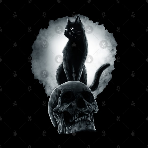 Black cat standing on a scary skull, Cats Rule by stark.shop