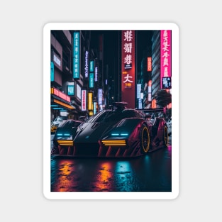 Dark Neon Sports Car in Japanese Neon City Magnet