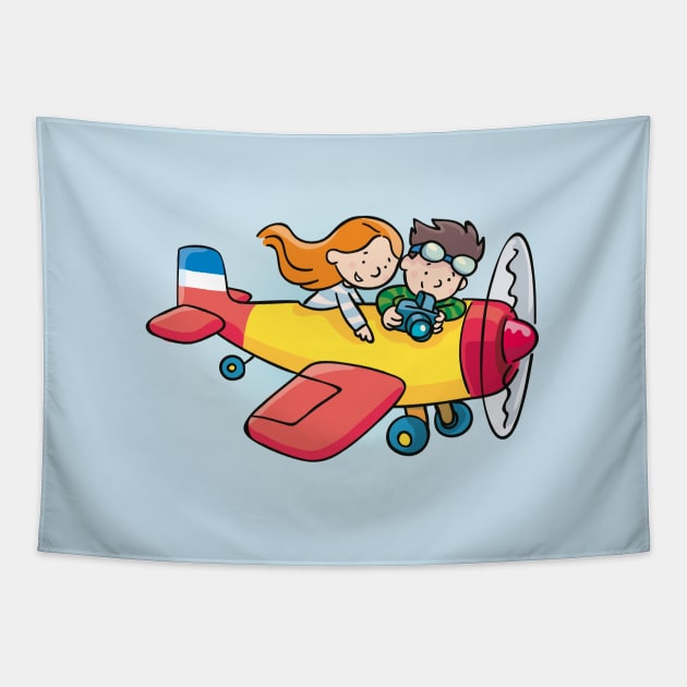 children fly in a yellow plane and take photos Tapestry by duxpavlic