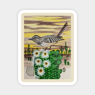 Arizona state bird and flower, the cactus wren and saguaro cactus flower Magnet