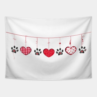 Black paw prints with hanging retro beautiful hearts Tapestry