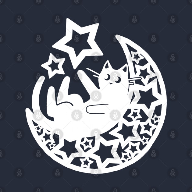 Starry Lunar Cat in the Moon - White Ink by NonDecafArt